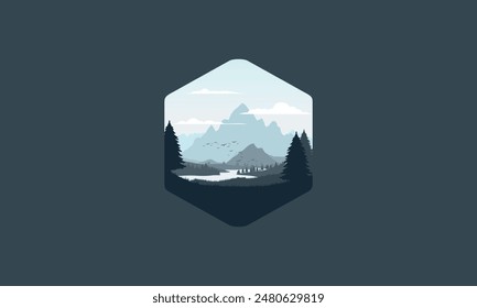 Landscape badge flat vector design illustration of mountains, calm river and silhouettes of pine trees, soft blue gradations layered