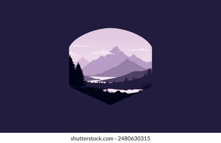 Landscape badge flat vector design illustration of mountains, calm river, birds flying and silhouettes of pine trees, soft purple gradations layered
