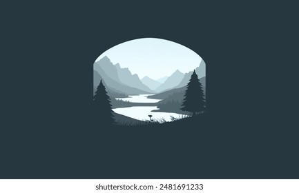 Landscape badge flat vector design illustration of mountains, calm river and silhouettes of pine trees, soft bluegradations layered