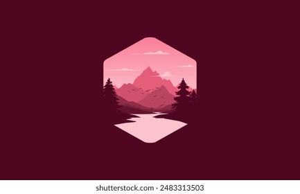 Landscape badge flat vector design illustration of mountains, calm river and silhouettes of pine trees, soft red gradations layered