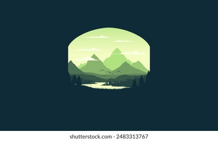 Landscape badge flat vector design illustration of mountains, calm river and silhouettes of pine trees, soft green gradations layered