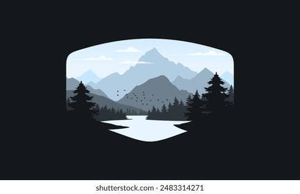Landscape badge flat vector design illustration of mountains, calm river and silhouettes of pine trees, soft blue gradations layered