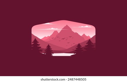 Landscape badge flat vector design illustration of mountains, calm river and silhouettes of pine trees, soft red gradations layered