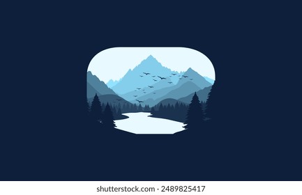 Landscape badge flat vector design illustration of mountains, calm river and silhouettes of pine trees, soft green gradations layered