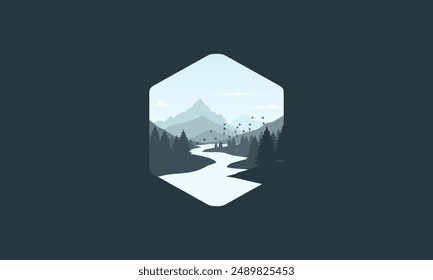 Landscape badge flat vector design illustration of mountains, calm river and silhouettes of pine trees, soft green gradations layered