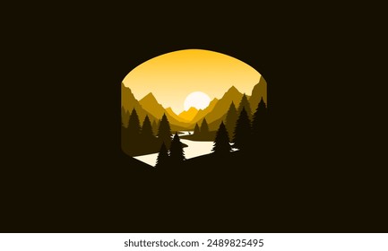 Landscape badge flat vector design illustration of mountains, calm river and silhouettes of pine trees, soft green gradations layered