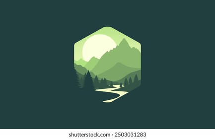 Landscape badge flat vector design illustration of mountains, calm river and silhouettes of pine trees, soft green gradations layered