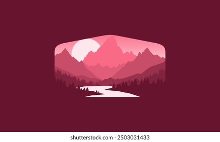 Landscape badge flat vector design illustration of mountains, calm river and silhouettes of pine trees, soft red gradations layered