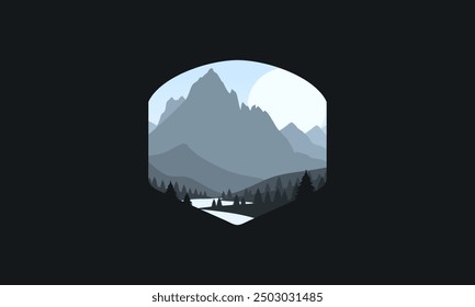 Landscape badge flat vector design illustration of mountains, calm river and silhouettes of pine trees, soft blue gradations layered