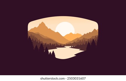Landscape badge flat vector design illustration of mountains, calm river and silhouettes of pine trees, soft orange gradations layered