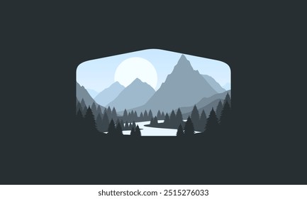 Landscape badge flat vector design illustration of mountains, calm river and silhouettes of pine trees, soft blue gradations layered