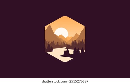 Landscape badge flat vector design illustration of mountains, calm river and silhouettes of pine trees, soft orange gradations layered