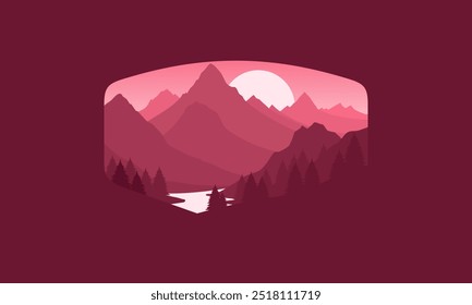 Ilustración plana del diseño del Vector de la insignia del paisaje de las montañas, río tranquilo y siluetas de pinos, gradaciones rojas suaves en capas