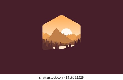 Landscape badge flat vector design illustration of mountains, calm river and silhouettes of pine trees, soft orange gradations layered