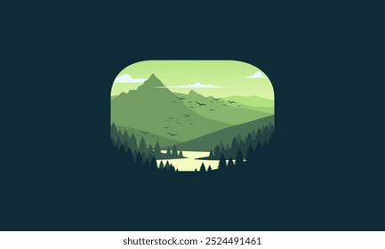 Landscape badge flat vector design illustration of mountains, calm river and silhouettes of pine trees, soft green gradations layered