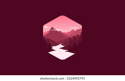 Landscape badge flat vector design illustration of mountains, calm river and silhouettes of pine trees, soft red gradations layered