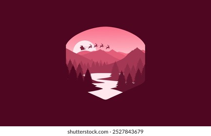 Landscape badge flat vector design illustration of mountains, santa claus, christmas, calm river and silhouettes of pine trees, soft red gradations layered