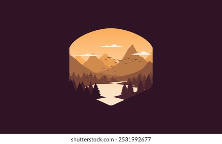 Landscape badge flat vector design illustration of mountains, calm river and silhouettes of pine trees, soft orange gradations layered
