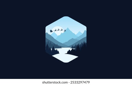 Landscape badge flat vector design illustration of mountains, santa claus, christmas, calm river and silhouettes of pine trees, soft blue gradations layered