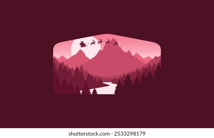 Landscape badge flat vector design illustration of mountains, santa claus, christmas, calm river and silhouettes of pine trees, soft red gradations layered