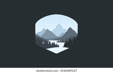Landscape badge flat vector design illustration of mountains, calm river and silhouettes of pine trees, soft blue gradations layered
