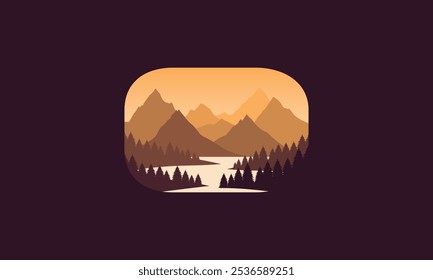 Landscape badge flat vector design illustration of mountains, calm river and silhouettes of pine trees, soft orange gradations layered
