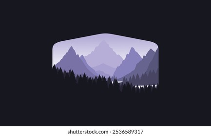 Landscape badge flat vector design illustration of mountains, calm river and silhouettes of pine trees, soft purple gradations layered
