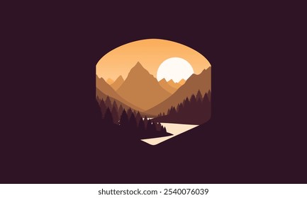 Landscape badge flat vector design illustration of mountains, calm river and silhouettes of pine trees, soft green gradations layered