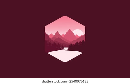 Landscape badge flat vector design illustration of mountains, calm river and silhouettes of pine trees, soft red gradations layered
