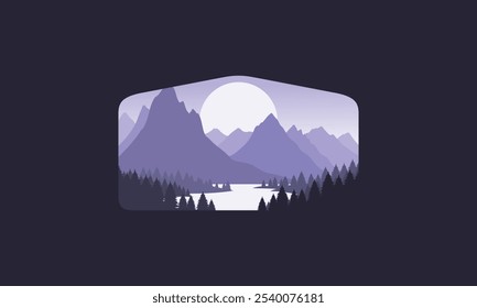 Landscape badge flat vector design illustration of mountains, calm river and silhouettes of pine trees, soft purple gradations layered