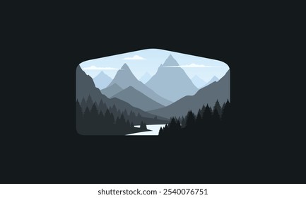 Landscape badge flat vector design illustration of mountains, calm river and silhouettes of pine trees, soft blue gradations layered