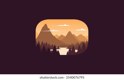 Landscape badge flat vector design illustration of mountains, calm river and silhouettes of pine trees, soft orange gradations layered