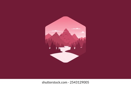 Landschaftsabzeichen flache Vektordesign-Illustration von Bergen, ruhigen Fluss und Silhouetten von Kiefern, weiche rote Abstufungen geschichtet