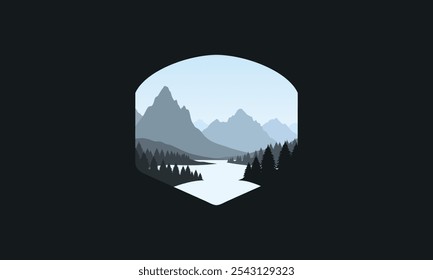 Ilustración plana del diseño del Vector de la insignia del paisaje de las montañas, río tranquilo y siluetas de pinos, gradaciones azules suaves en capas