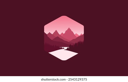 Ilustración plana del diseño del Vector de la insignia del paisaje de las montañas, río tranquilo y siluetas de pinos, gradaciones rojas suaves en capas