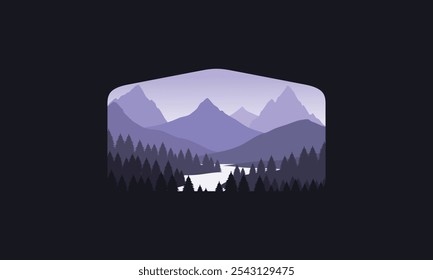 Design de vetor plano emblema da paisagem ilustração de montanhas, rio calmo e silhuetas de pinheiros, gradações roxas macias em camadas
