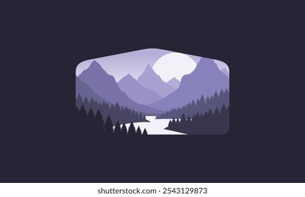 Landschaftsabzeichen flache Vektorgrafik von Bergen, ruhigen Fluss und Silhouetten von Kiefern, weiche violette Abstufungen geschichtet