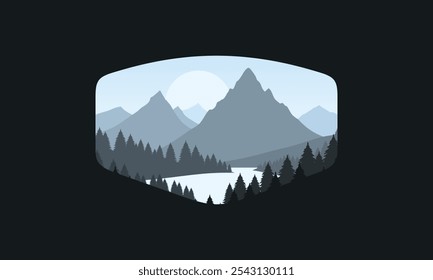 Landscape badge flat vector design illustration of mountains, calm river and silhouettes of pine trees, soft blue gradations layered