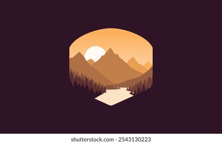 Design de vetor plano emblema da paisagem ilustração de montanhas, rio calmo e silhuetas de pinheiros, gradações de laranja macia em camadas