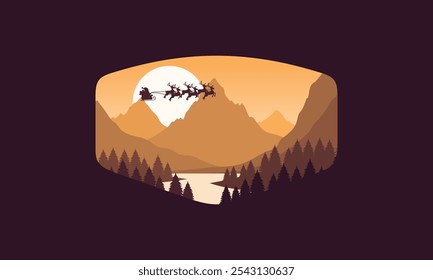 emblema da paisagem vetor plano design ilustração de montanhas, santa claus, Natal, rio calmo e silhuetas de pinheiros, 
gradações de laranja suave em camadas