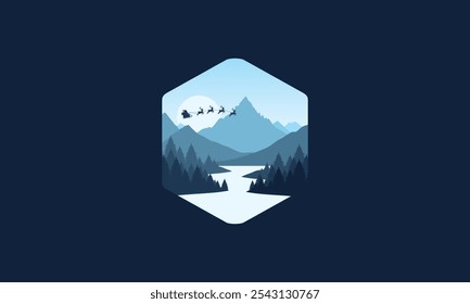 Ilustración plana del diseño del Vector de la insignia del paisaje de las montañas, de Santa Claus, de la Navidad, del río tranquilo y de las siluetas de los pinos, 
gradaciones en capas de color azul suave