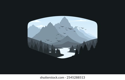 Landscape badge flat vector design illustration of mountains, calm river and silhouettes of pine trees, soft blue gradations layered
