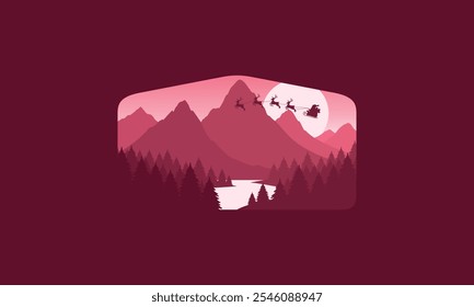 Landscape badge flat vector design illustration of mountains, santa claus, christmas, calm river and silhouettes of pine trees, 
soft red gradations layered