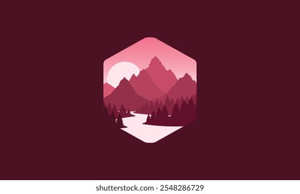 Landscape badge flat vector design illustration of mountains, calm river and silhouettes of pine trees, soft red gradations layered