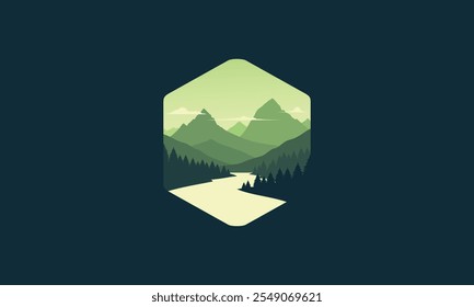 Landscape badge flat vector design illustration of mountains, calm river and silhouettes of pine trees, soft green gradations layered