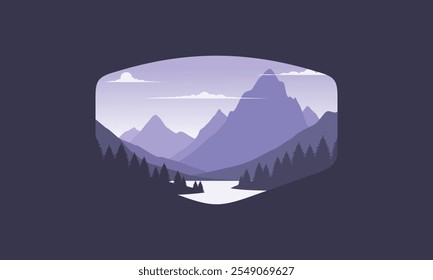 Landscape badge flat vector design illustration of mountains, calm river and silhouettes of pine trees, soft purple gradations layered