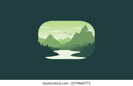 Landscape badge flat vector design illustration of mountains, calm river and silhouettes of pine trees, soft green gradations layered