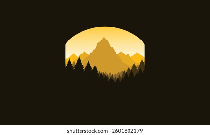 Landscape badge flat vector design illustration of mountains, calm river and silhouettes of pine trees, soft yellow gradations layered