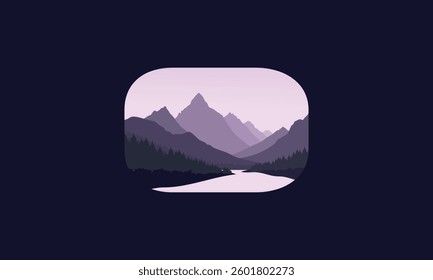 Landscape badge flat vector design illustration of mountains, calm river and silhouettes of pine trees, soft purple  gradations layered