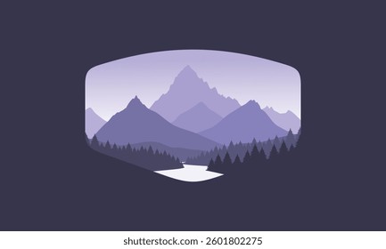 Landscape badge flat vector design illustration of mountains, calm river and silhouettes of pine trees, soft purple gradations layered